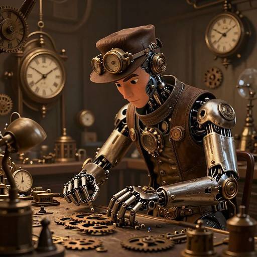 Photorealistic CGI of a steampunk robot with brass gears, a brown cap, and metallic arms, meticulously assembling gears in a dimly lit