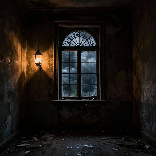 Eerie Room with Ornate Stormy Window