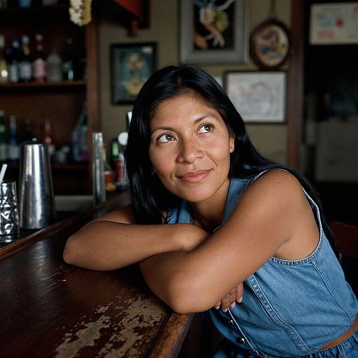 Photograph of a smiling young woman with long black hair, wearing a blue denim sleeveless shirt, leaning on a bar counter. Background includes blurred bar