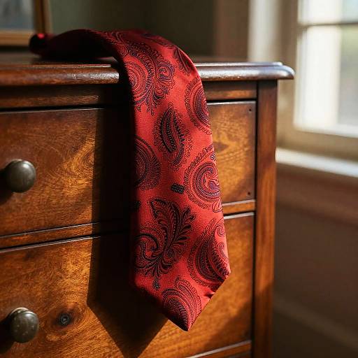 Red Silk Paisley Cravat on Antique Dresser