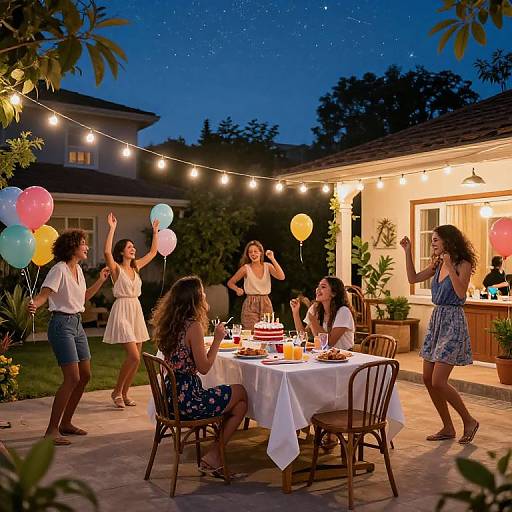 Photograph of five women celebrating at a nighttime backyard party with string lights, balloons, and a decorated table, dancing and smiling.