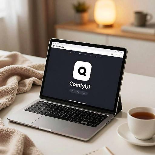 Photograph of a silver laptop on a white table with a coffee cup, displaying the Canon Connect app, in a cozy, sunlit room with a