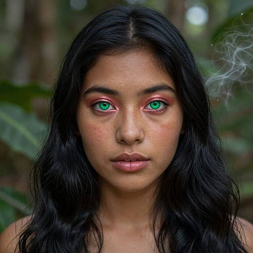 Photograph of a young woman with long black hair, striking green eyes, red eyeshadow, and natural makeup, set against a blurred jungle background