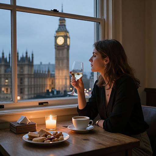 Photograph of a woman with wavy brown hair, wearing a black blazer, sipping white wine, seated by a window with the illuminated Big