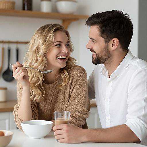 Photograph of a smiling blonde woman in a beige sweater and a bearded man in a white shirt, sharing a laugh while eating at a modern kitchen