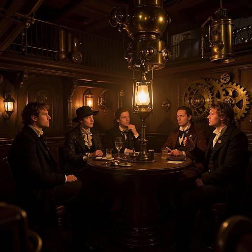 Photograph of five men in dark suits, top hats, and bow ties, seated around a wooden table in a dimly lit, steampunk