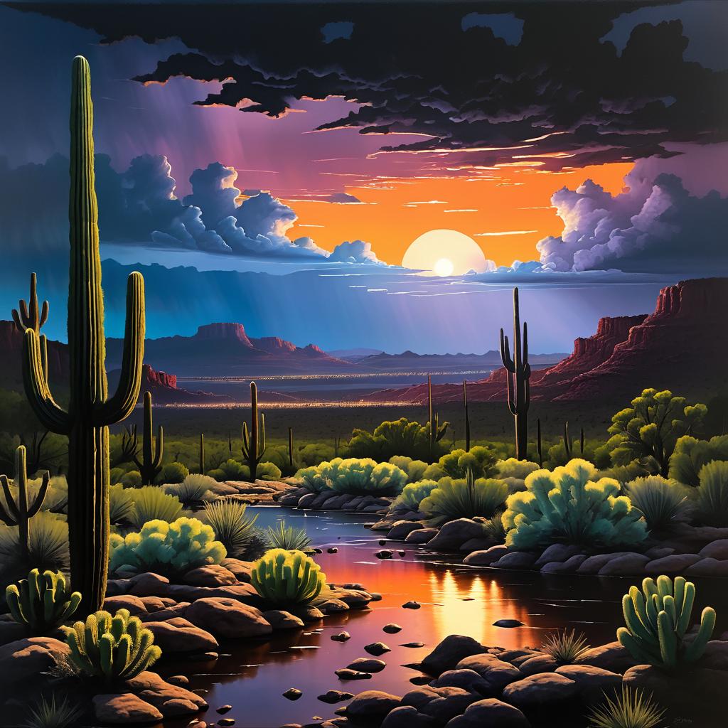 Twilight Forest Scene with Cowboys and Cacti