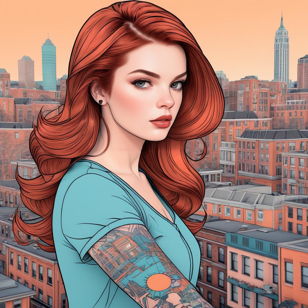 Auburn Hair Tattoo Sleeve Illustrated Cityscape