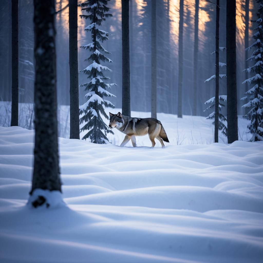 Wolf Stalking Prey in Snowy Twilight