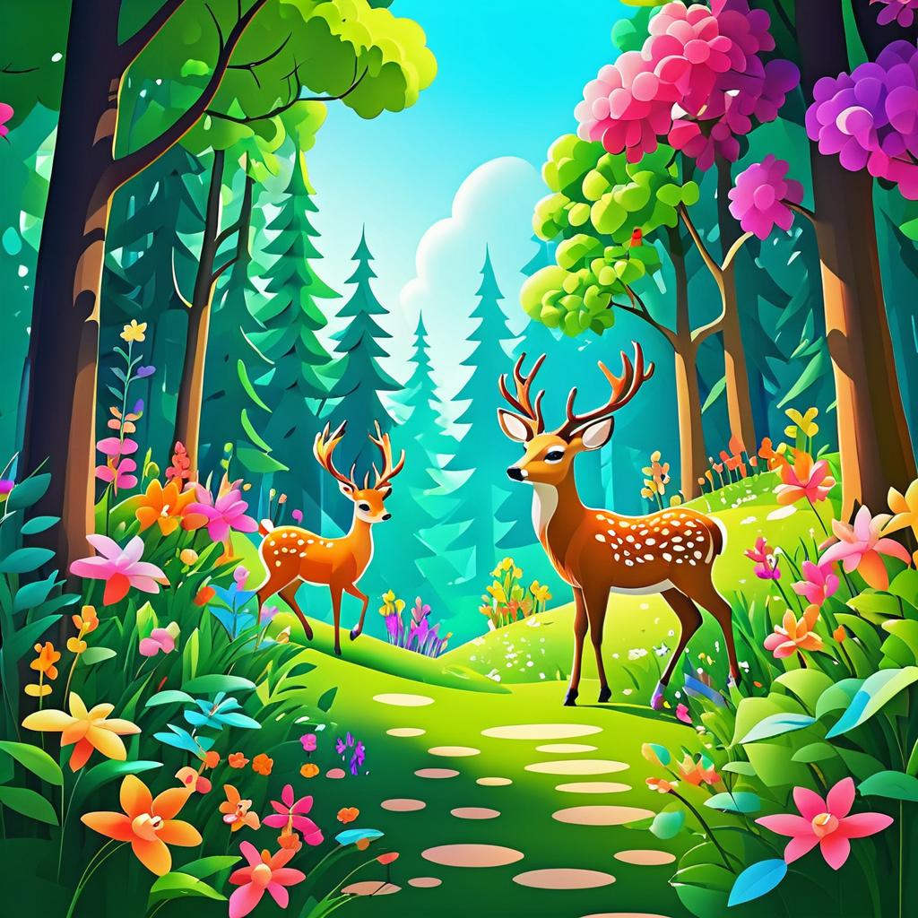 Vibrant Cartoon Forest with Playful Deer