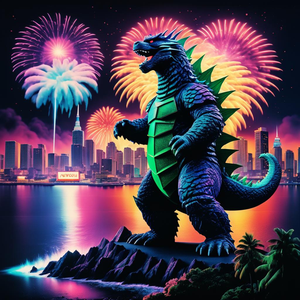 Retro Godzilla in Colorful Fireworks Scene