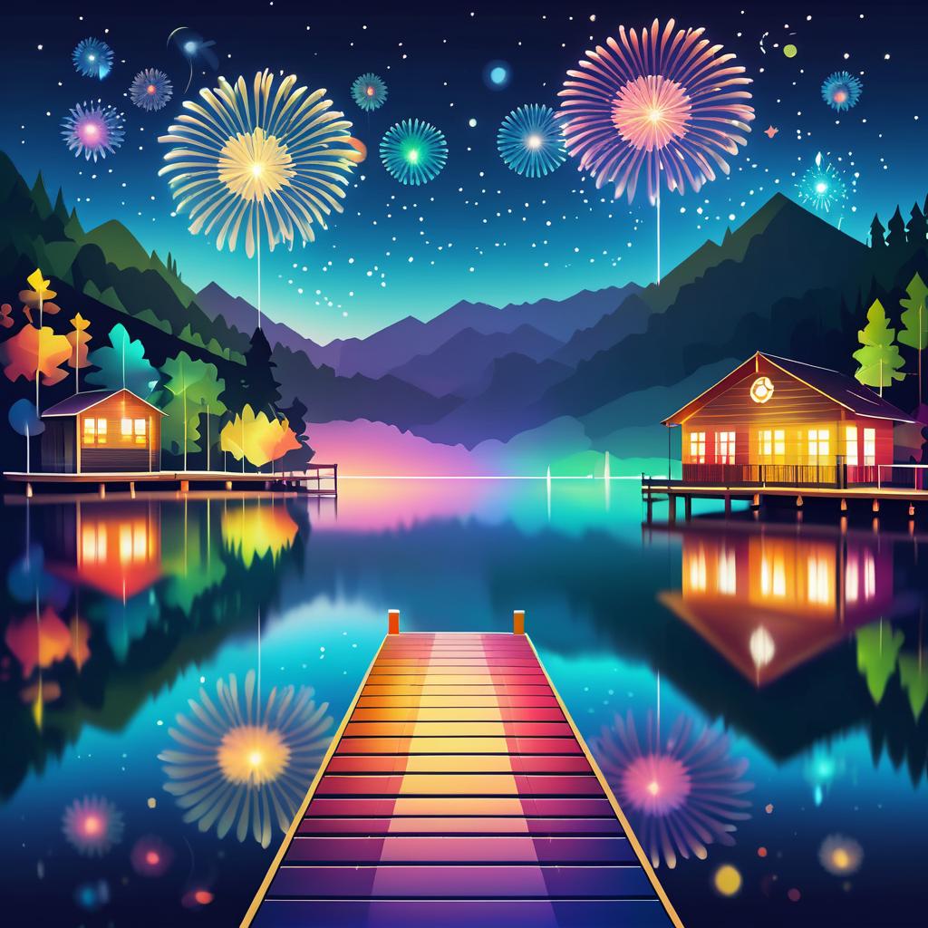 Vibrant Lake with Fireworks and Dock