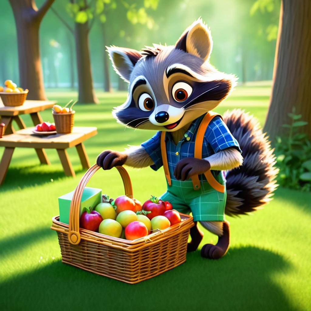 Whimsical Raccoon at a Picnic Basket