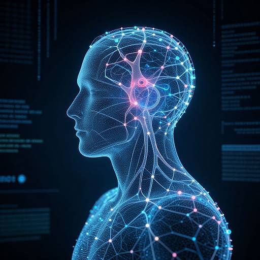 Digital CGI image of a glowing blue wireframe human head and shoulders, with neon pink and blue nodes, against a dark background.