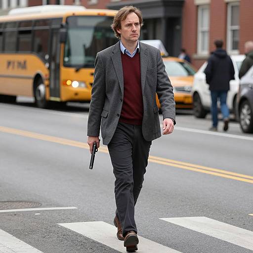 Man Walking Across Street Holding Gun