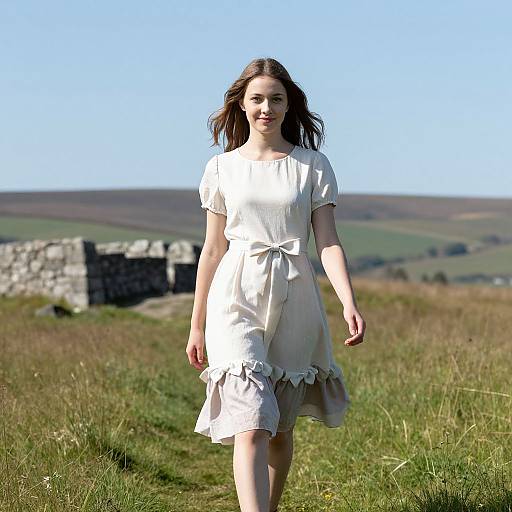 Photograph of a young woman with fair skin and long brown hair, wearing a white, short-sleeved, knee-length dress, walking in a