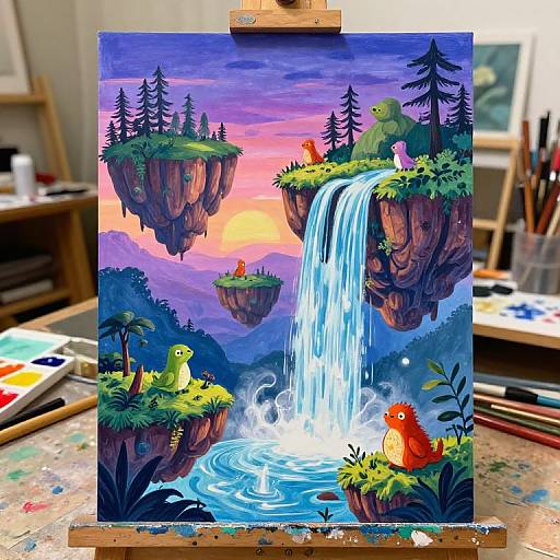 Vibrant digital painting of floating islands with green birds, a red bird, waterfall, sunset sky, and colorful forest. Displayed on a wooden
