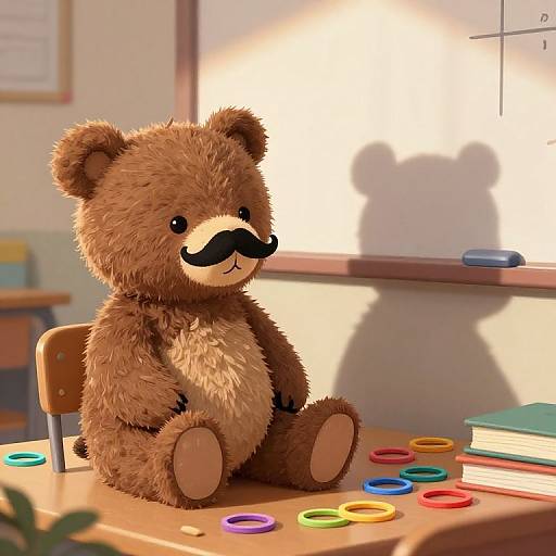 Photograph of a fluffy, brown teddy bear with a black mustache, sitting on a wooden desk in a sunlit classroom, surrounded by colorful