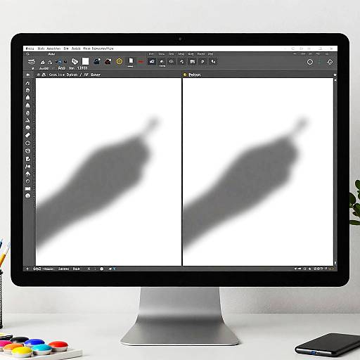 Photograph of a modern desktop computer monitor displaying Adobe Photoshop interface with blurred black and white images, colorful buttons on the left, and a black mouse on