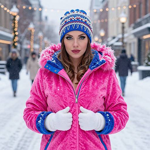 Photograph of a woman in a bright pink winter coat, blue and white knit hat, white gloves, standing in a snowy urban street with string lights