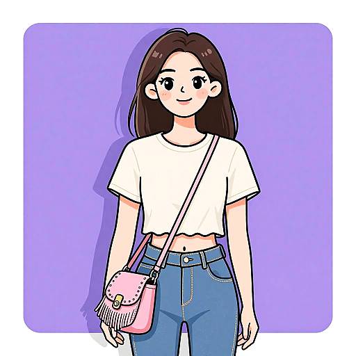 Cartoon-style digital drawing of a smiling young woman with long brown hair, wearing a white crop top, blue jeans, and a pink fringe purse,