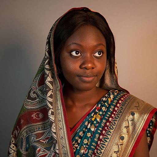 Photograph of a dark-skinned woman with large eyes, wearing a colorful, ornate sari with intricate patterns, head covered, against a plain