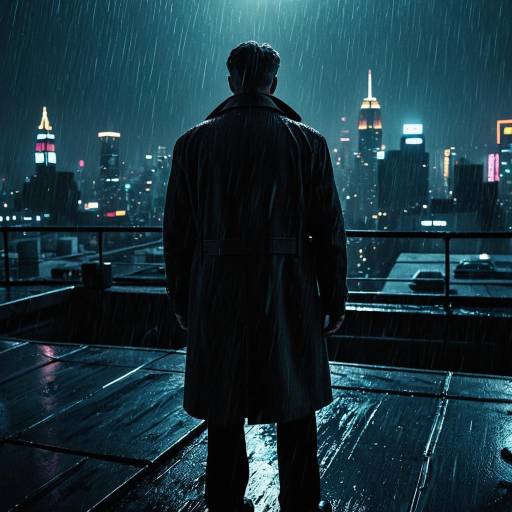 Detective on Rainy Rooftop Overlooking Neon Cityscape