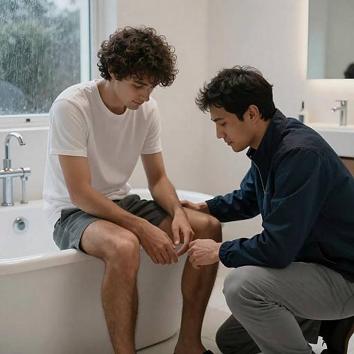 Rainy Bathroom Intimate Moment Between Men