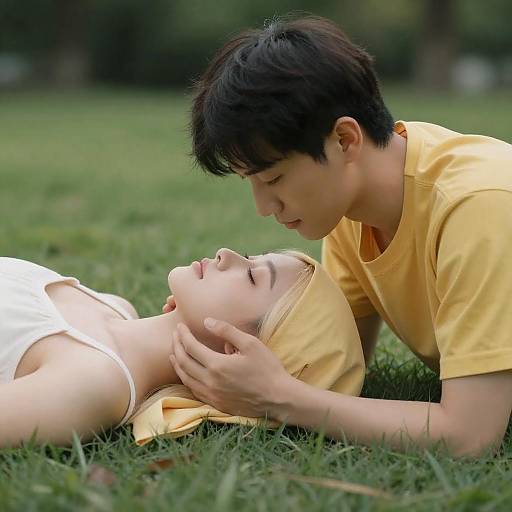 Tender Couple Resting on Green Grass