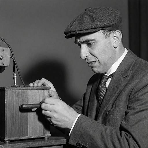 Man Adjusting Vintage Wooden Machine