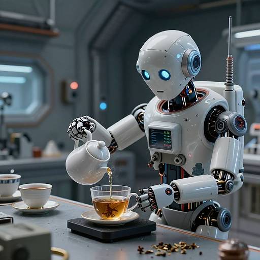 Photorealistic CGI of a white, glowing-eyed robot pouring tea from a white teapot into a glass on a futuristic kitchen counter.