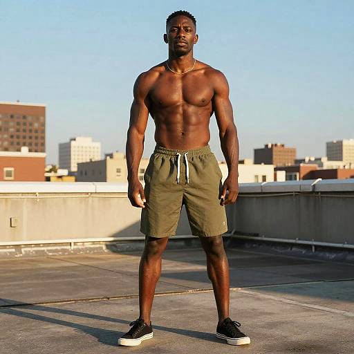 Photograph of a muscular, shirtless Black man standing on a rooftop, wearing green shorts and black sneakers, with city buildings in the background under a