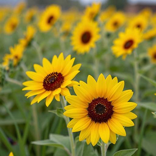 Photograph of a vibrant sunflower field, featuring sharp-focus yellow sunflowers with dark brown centers in the foreground, and blurred sunflowers in the background