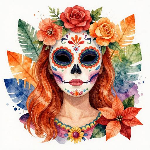 Colorful digital illustration of a Day of the Dead girl with white sugar skull face, red hair, floral crown, and vibrant flowers.