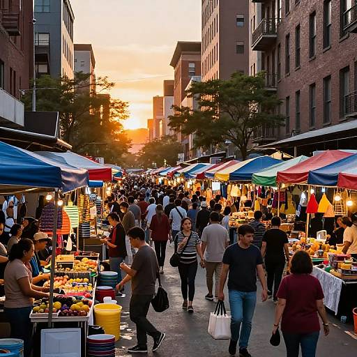 Photograph of a bustling outdoor urban market at sunset, with colorful vendor stalls, diverse crowd, and buildings flanking both sides.