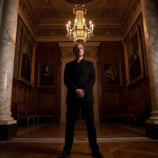 Photograph of a man in a black suit standing in an ornately decorated, dimly lit room with a chandelier, marble columns, and framed