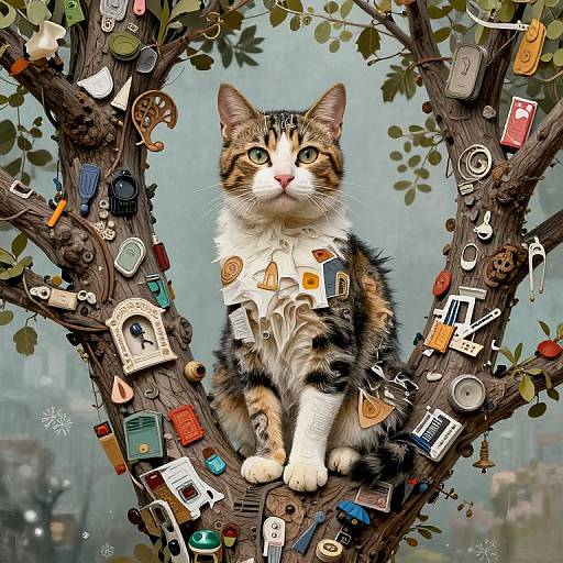 Surreal Whimsical Cat on Collage Tree