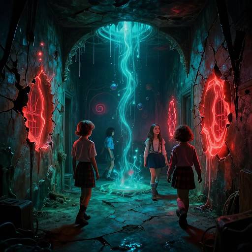 Digital art: Dark, eerie hallway with glowing blue light and red neon symbols. Three children, one girl and two boys, walk forward, illuminated by