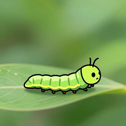 Digital drawing of a bright green caterpillar with black outlines, small red legs, and two antennae, resting on a green leaf against a blurred green