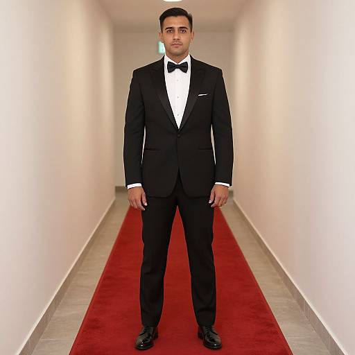 Photograph of a young man with short dark hair, wearing a black tuxedo, white shirt, black bow tie, standing on a red carpet