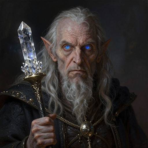Photorealistic CGI of an elderly, white-haired elf with piercing blue eyes and pointed ears, holding a glowing crystal sword. Dark background enhances his menacing