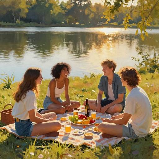 Four friends, two women and two men, sit on a blanket by a sunlit lake, enjoying a picnic with fruit and drinks. Photorealistic