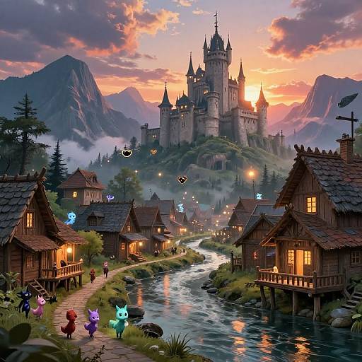 Fantastical digital painting of a medieval village at sunset, featuring a grand castle, glowing characters, and a winding river with wooden houses. Mountains and
