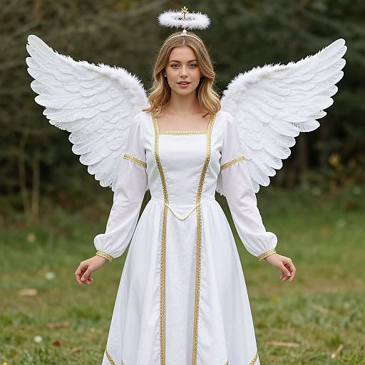 Photograph of a young woman with long blonde hair, wearing a white angelic dress, large white feather wings, and a halo, standing in a