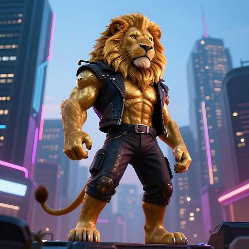 Cyberpunk Lion in Futuristic City