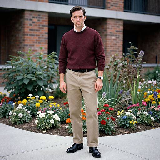 Photograph of a serious, dark-haired man in a maroon sweater, beige pants, black shoes, standing in front of a brick building with a