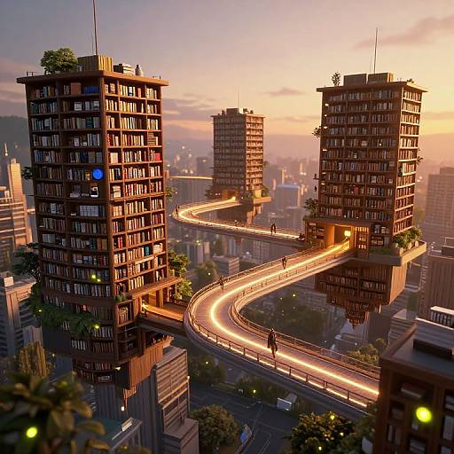 Photorealistic digital artwork of a sunset cityscape with three floating, brown-bricked skyscrapers connected by a glowing, curved highway. Light trails