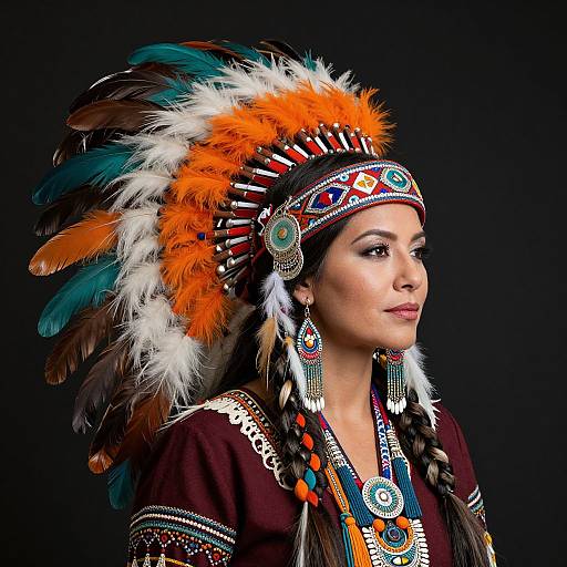Photograph of a Native American woman with dark skin, braided hair, wearing an elaborate headdress with feathers, traditional maroon dress, and colorful