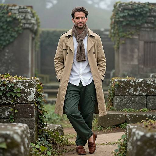 Photograph of a bearded man in a beige trench coat, white shirt, brown scarf, green pants, and brown shoes, walking through ancient,