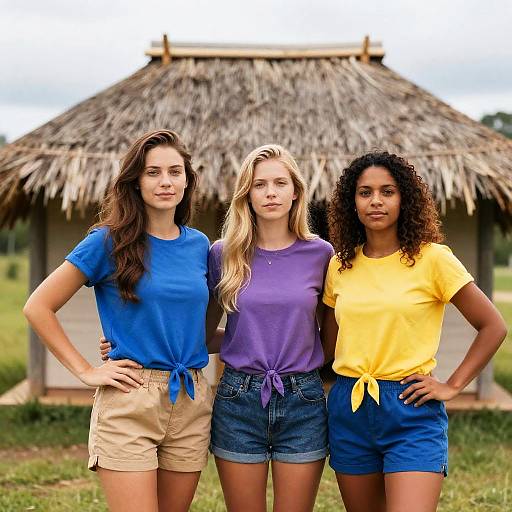 Women Posing in Front of Thatched Hut